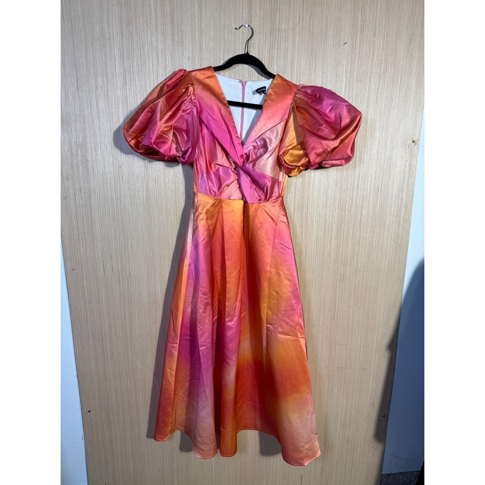 Forever Amelia Pink Orange Ombre Puff Sleeve Cutout Midi Dress Size 10 Pockets